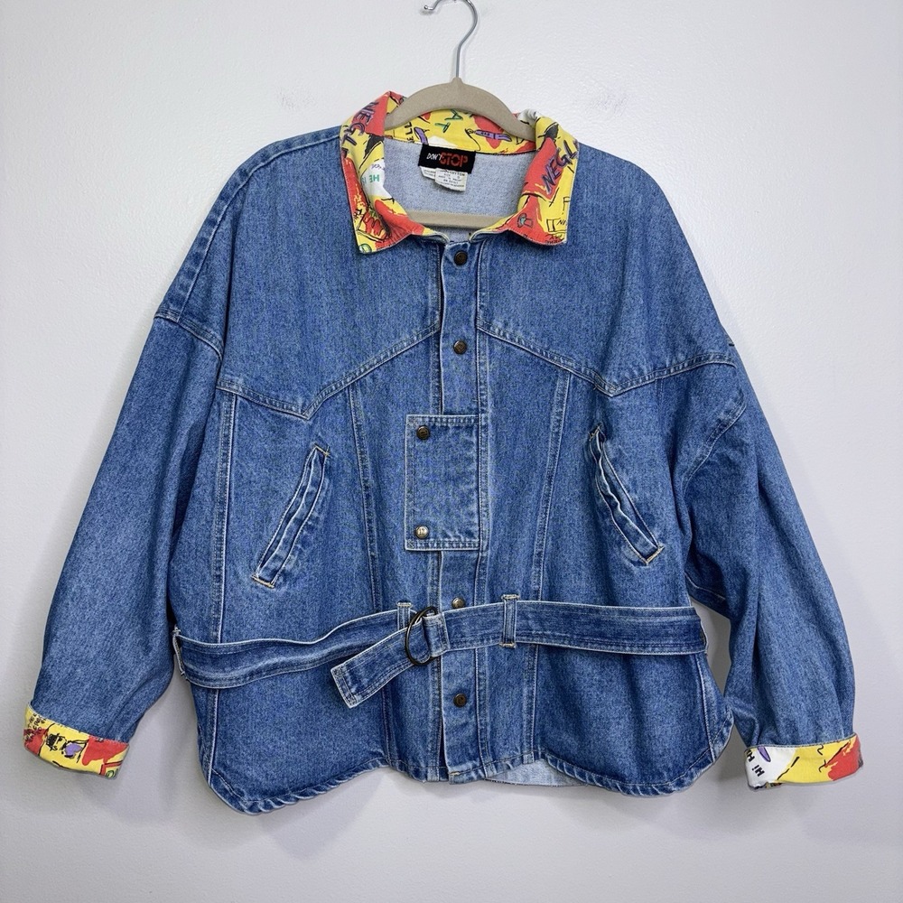 Vintage 80s Denim Jacket Size Small Belted Dont Stop/ Graphic Print
